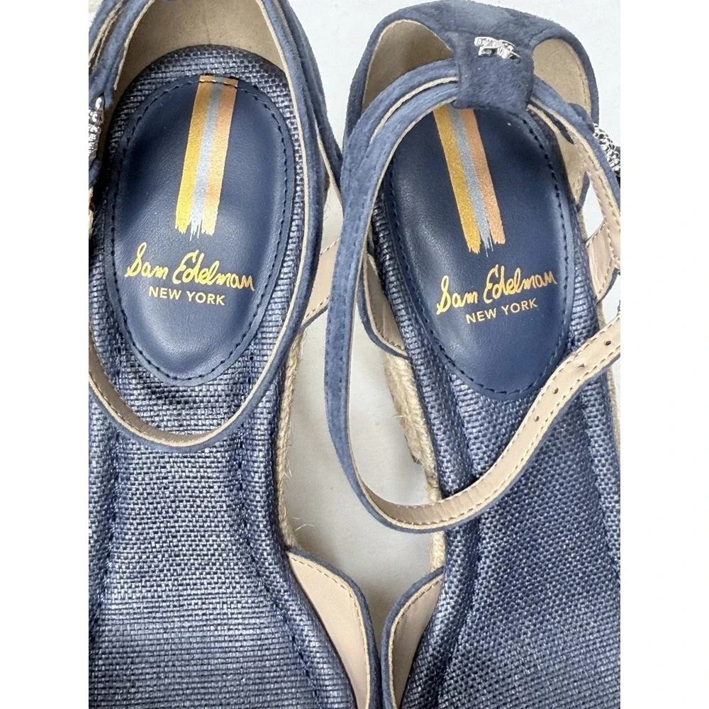 Sam Edelman Espadrille Wedge Sandals Womens Size 7.5 Blue Suede Ankle Strappy